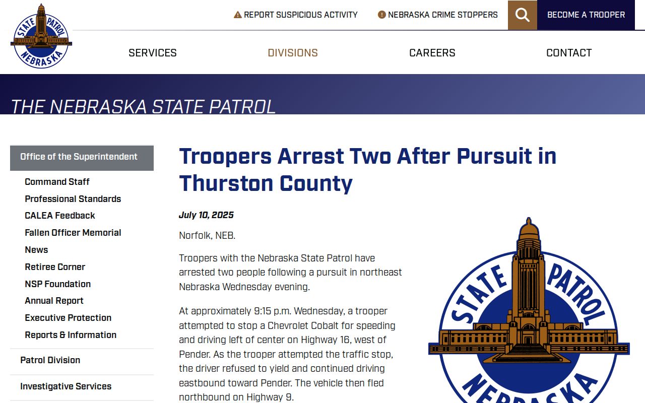Thurston County arrest reporting example from the Nebraska State Patrol